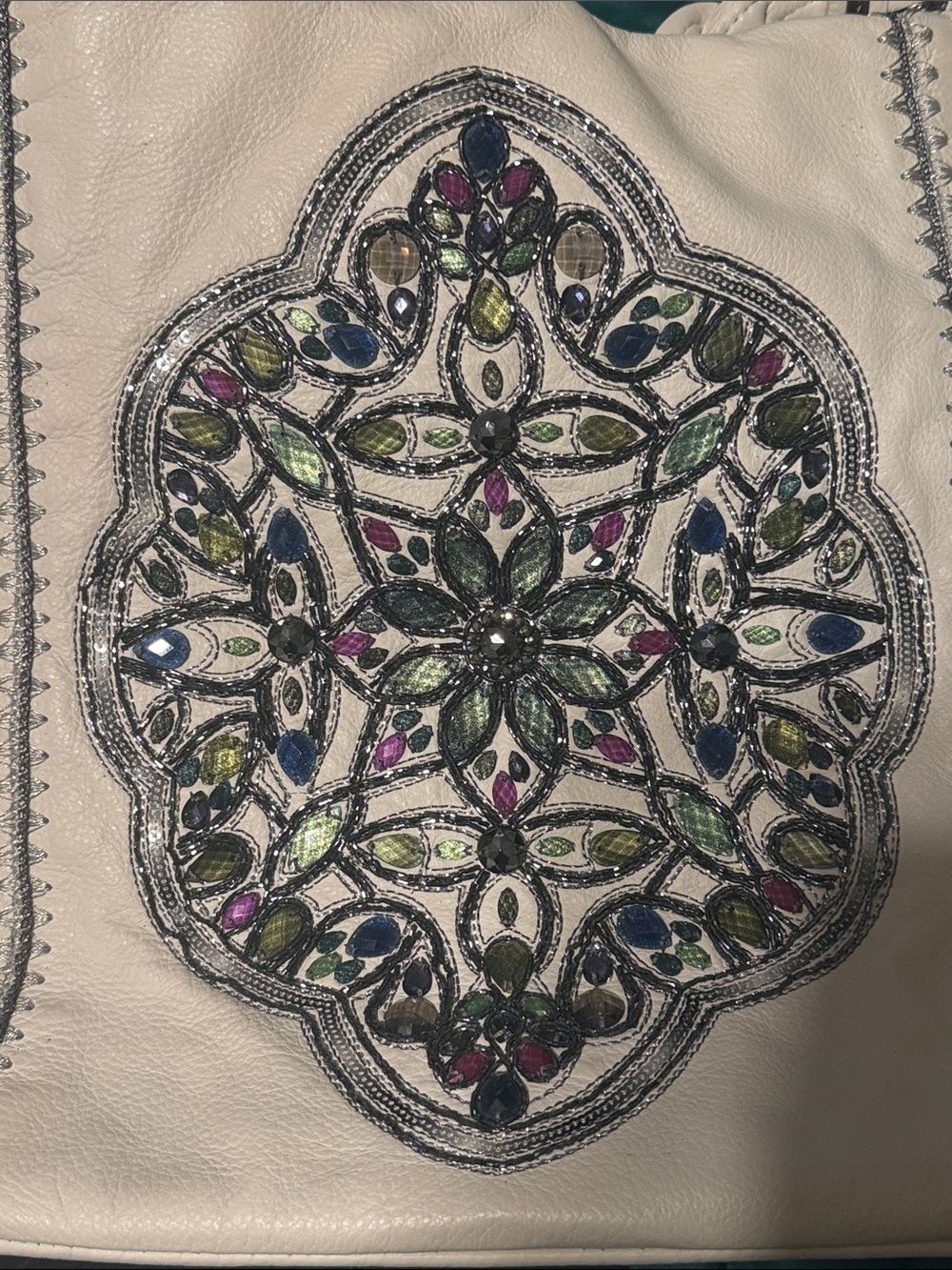 Brighton White Leather Bag with Multicolor Jeweled Medallion